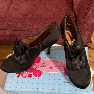 Poetic License Black Satin Floral Bow Ankle Heels